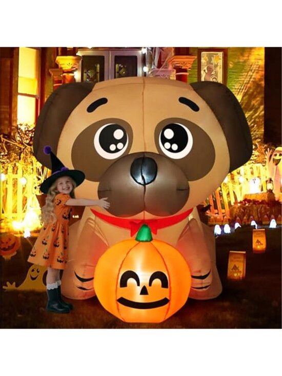 Other - 5 FT Long Halloween Inflatable Dog Blow Up Pug Holding Pumpkin with Built-in LED